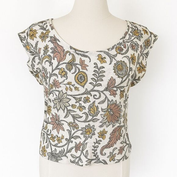 Rachel Zoe Linen Floral Cap Sleeve Top Size Small‎ Ivory Boho Paisley Scoop Neck - Picture 1 of 9